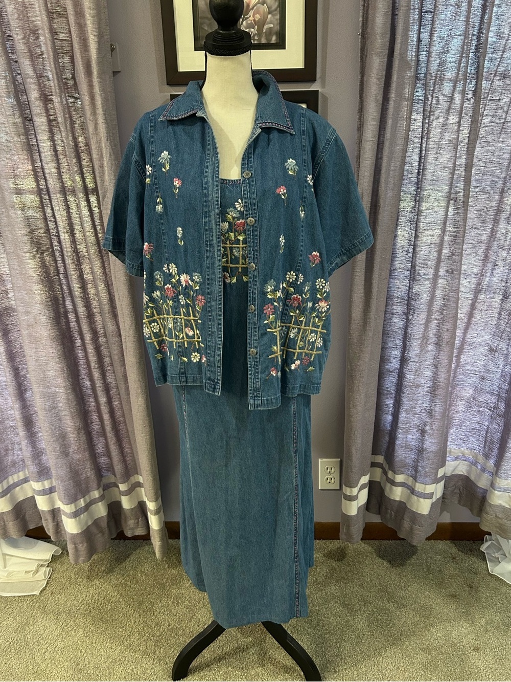 Vintage Carrie Allen Embroidered Denim Two-Piece Dress Set